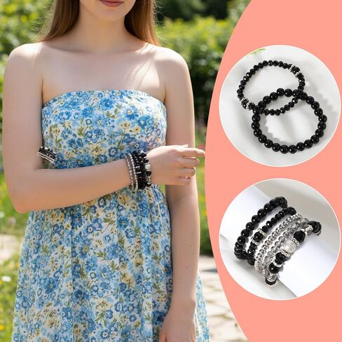 Sibba 5 Pcs Beaded Stretch Bracelets Stackable Stylish Crystal Boho Beaded Bracelet for Women Stretch Layering Stone Bracelets Trendy Costume Jewelry Gift Multilayered Disco Ball Faceted Bracelet in Saudi Arabia