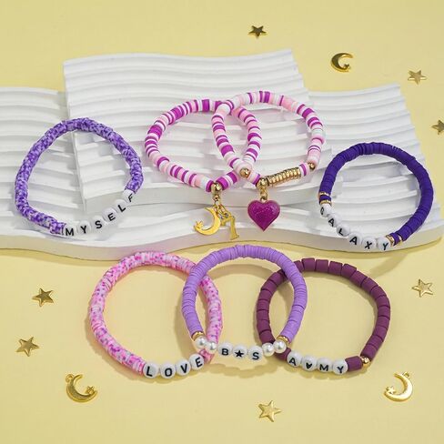 Purple Beaded Stretch Bracelet Set, Pastel Color Heart Bracelets, Cute Stackable Jewelry.Gifts for Family Friends in Saudi Arabia