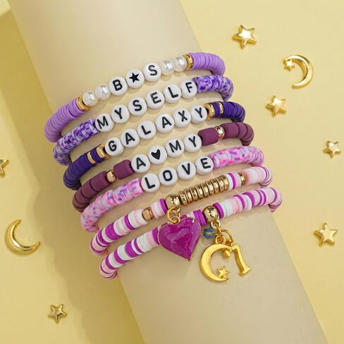 Purple Beaded Stretch Bracelet Set, Pastel Color Heart Bracelets, Cute Stackable Jewelry.Gifts for Family Friends in Saudi Arabia