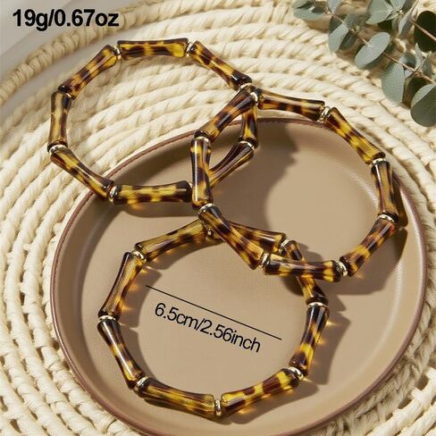 3Pcs Bamboo Leopard Bangle Braclets Set Fashion Layered Elastic Animal Print Acrylic Bracelet for Women Vintage Stretch Cuff Bamboo Bracelet Couple Accessories Creative Accessories Jewelry Gift in Saudi Arabia