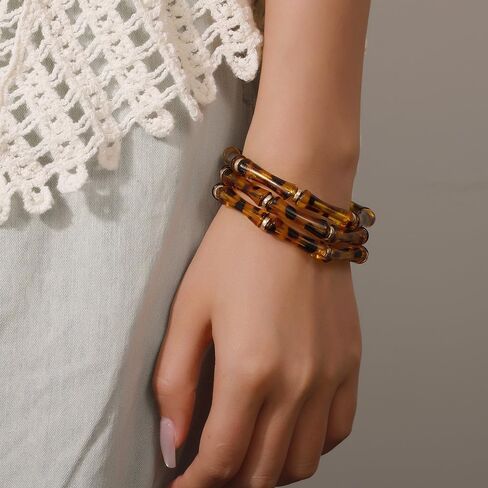 3Pcs Bamboo Leopard Bangle Braclets Set Fashion Layered Elastic Animal Print Acrylic Bracelet for Women Vintage Stretch Cuff Bamboo Bracelet Couple Accessories Creative Accessories Jewelry Gift in Saudi Arabia