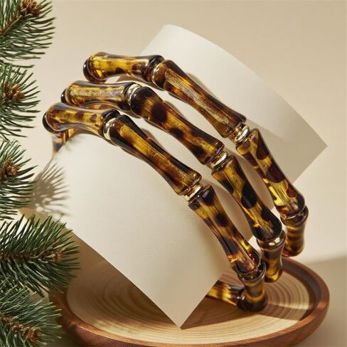 3Pcs Bamboo Leopard Bangle Braclets Set Fashion Layered Elastic Animal Print Acrylic Bracelet for Women Vintage Stretch Cuff Bamboo Bracelet Couple Accessories Creative Accessories Jewelry Gift in Saudi Arabia