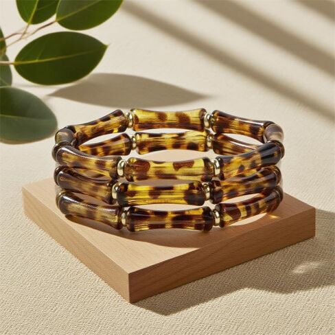 3Pcs Bamboo Leopard Bangle Braclets Set Fashion Layered Elastic Animal Print Acrylic Bracelet for Women Vintage Stretch Cuff Bamboo Bracelet Couple Accessories Creative Accessories Jewelry Gift in Saudi Arabia