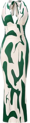 Women's Elegant Ruched Bodycon Halter Maxi Dress Deep V Neck Bodycon Fishtail Evening Party Cocktail Dresses in Saudi Arabia