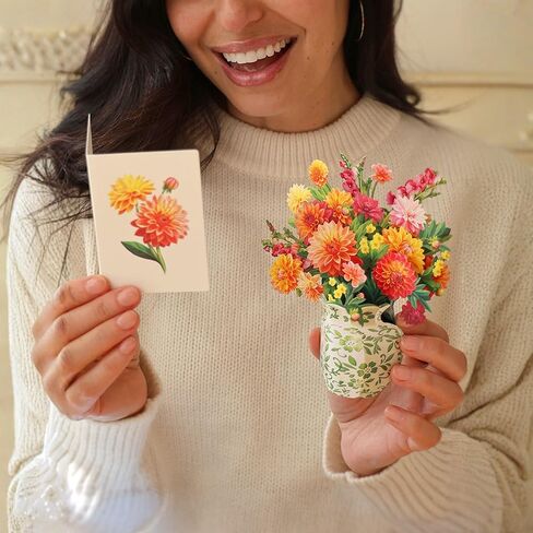 Freshcut Paper Mini Dahlia Sunrise Pop Up Cards, 6 Inch Mini Sized Forever Flower Bouquet 3D Popup Greeting Card, Birthday Cards, Valentine's Day Card, Blank Notecard & Envelope in Kuwait