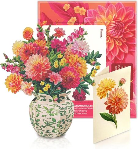Freshcut Paper Mini Dahlia Sunrise Pop Up Cards, 6 Inch Mini Sized Forever Flower Bouquet 3D Popup Greeting Card, Birthday Cards, Valentine's Day Card, Blank Notecard & Envelope in Kuwait
