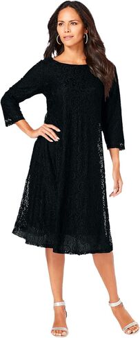 Roaman's Women's Plus Size Plus-Size 3/4 Sleeve Boatneck Lace Swing Dress in Saudi Arabia