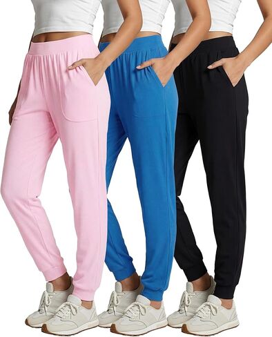 3 Pack: Women's Ribbed Lounge Jogger Cuff Sweatpants with Drawstring & Pockets - Casual Lounge Yoga (Available in Plus) in Saudi Arabia