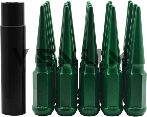 Venum wheel accessories 32 Pc Gloss Forest Green Spike Lug Nuts Powder Coated | Steel | 4.5" Tall | M14x1.5 Thread Pitch + 1 Key Works with Ford F-250 F-350 Aftermarket Wheels in Saudi Arabia