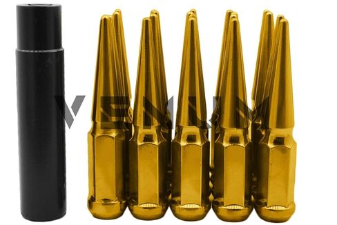 20 Pc Candy Gold Spike Lug Nuts Powder Coated | Steel | 4.5" Tall | M14x1.5 Thread Pitch + More 1 Key Compatible with Chevrolet C-1500 (5 Lug) in Saudi Arabia