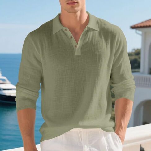 قمصان رجالي من الكتان Henley بأكمام طويلة كاجوال وطية صدر السترة ورقبة على شكل حرف V تي شيرت بولو بأزرار سفلية وياقة فضفاضة للشاطئ in Saudi Arabia
