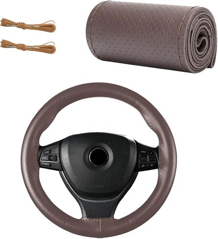 Genuine Leather Steering Wheel Cover, DIY Sewing Non-Slip Steering Wheel Wrap with Needle Thread, 15 Inch Stitching Wrap Steering Wheel Protector for Car Truck SUV (Beige, Full Hole) in Kuwait