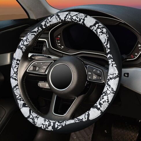 غطاء عجلة القيادة من جلد الثعبان من ZHOL، جلد من الألياف الدقيقة المسامية عالمي مقاس 14.5-15 بوصة، واقي عجلة قيادة السيارة مضاد للانزلاق للنساء والرجال، أسود وأبيض in Kuwait