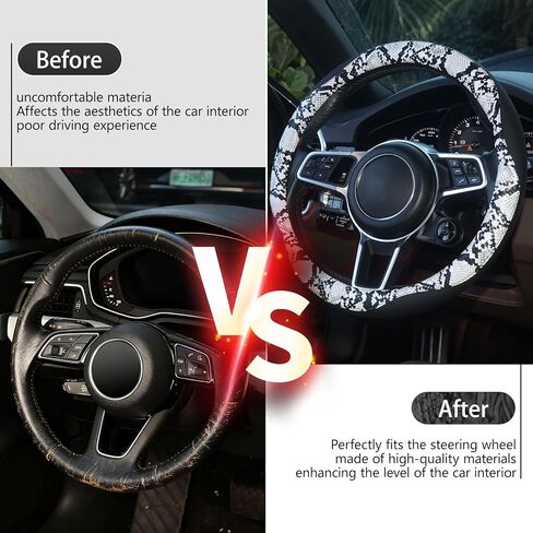 ZHOL Snake Skin Steering Wheel Cover, Breathable Microfiber Leather Universal 14.5-15 inch, Anti-Slip Car Steering Wheel Protector for Women Men, Black&White in Saudi Arabia