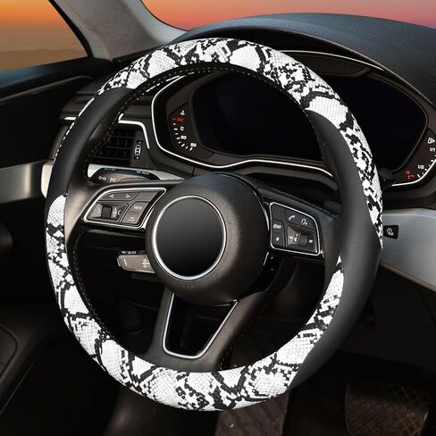 ZHOL Snake Skin Steering Wheel Cover, Breathable Microfiber Leather Universal 14.5-15 inch, Anti-Slip Car Steering Wheel Protector for Women Men, Black&White in Saudi Arabia