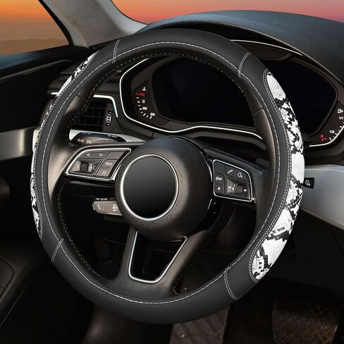 ZHOL Snake Skin Steering Wheel Cover, Breathable Microfiber Leather Universal 14.5-15 inch, Anti-Slip Car Steering Wheel Protector for Women Men, Black&White in Saudi Arabia