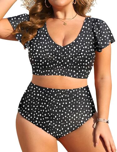 Daci Plus Size Two Piece Swimsuits - High Waisted Bikini with Sleeves for Women Bathing Suit Swimwear Black and White Dot 22 Plus in Saudi Arabia