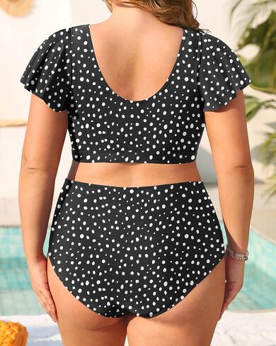Daci Plus Size Two Piece Swimsuits - High Waisted Bikini with Sleeves for Women Bathing Suit Swimwear Black and White Dot 22 Plus in Saudi Arabia