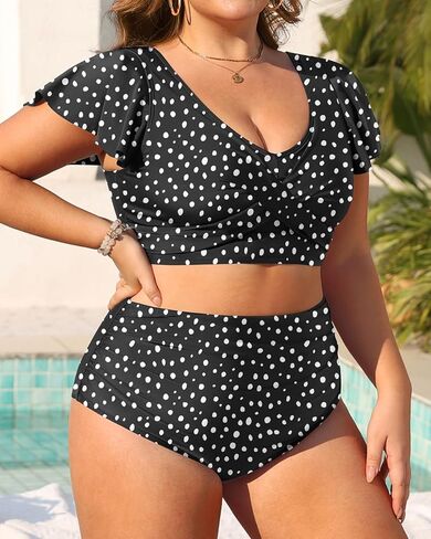 Daci Plus Size Two Piece Swimsuits - High Waisted Bikini with Sleeves for Women Bathing Suit Swimwear Black and White Dot 22 Plus in Saudi Arabia