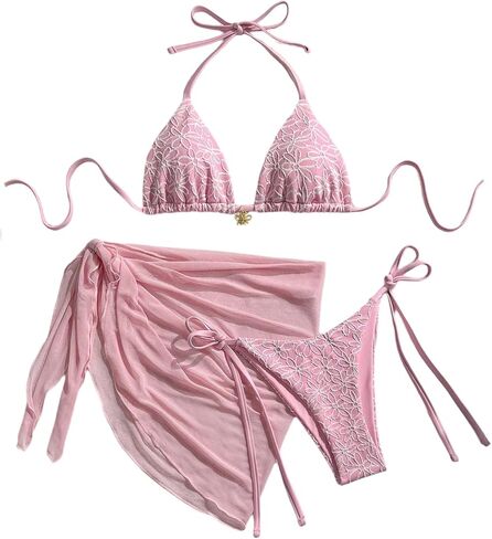 SHENHE Women's 3 Piece Floral Halter Triangle Bikini Set Tie Back Swimsuits with Cover Up Skirt in Saudi Arabia