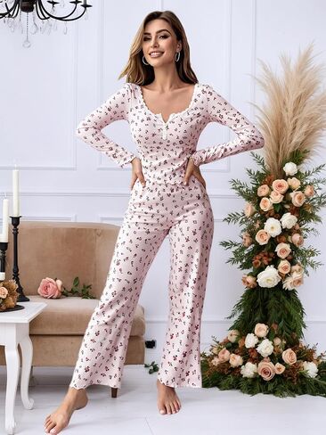Womens Pajama Sets Long Sleeve and Length Bottom 2 Piece Lounge Set Ribbed Soft Sleepwear Pj in Saudi Arabia