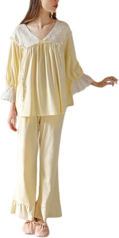 Women's Cotton Pajama Set 2 Piece Victorian Pjs Long Sleeve Pants Set Vintage Lace V Neck Lounge Set Frilly Sleepwear in Kuwait