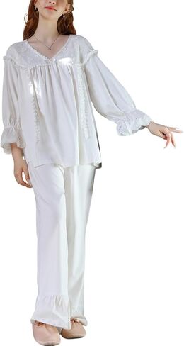 Women's Cotton Pajama Set 2 Piece Victorian Pjs Long Sleeve Pants Set Vintage Lace V Neck Lounge Set Frilly Sleepwear in Saudi Arabia
