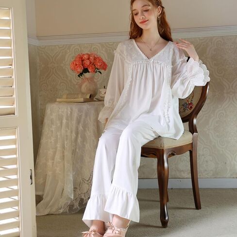Women's Cotton Pajama Set 2 Piece Victorian Pjs Long Sleeve Pants Set Vintage Lace V Neck Lounge Set Frilly Sleepwear in Saudi Arabia