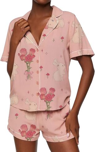 Women 2 Piece Easter Pajamas Set Bunny Print Short Sleeve Button Down Shirt and Shorts Easter Matching Pj Outfits in Saudi Arabia