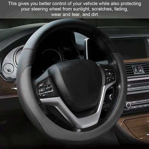 Leather Steering Wheel Cover, Anti-Slip Full Surround Car Wheel Protector with Comfortable Grip, Universal Elastic Decorative Cover Fit for 14 1/2-15 Inch Steering Wheels (Gray) in Saudi Arabia