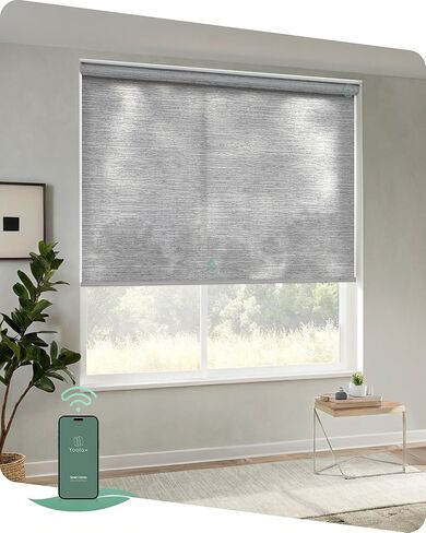 التحكم في تطبيق الستائر الآلية Yoolax، ظلال آلية لتصفية الضوء للنوافذ، ظلال دوارة أوتوماتيكية لاسلكية لغرفة النوم وغرفة المعيشة والمكتب (رمادي جاكار مرشح للضوء، 34 بوصة عرض × 72 بوصة ارتفاع) in Kuwait