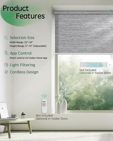 التحكم في تطبيق الستائر الآلية Yoolax، ظلال آلية لتصفية الضوء للنوافذ، ظلال دوارة أوتوماتيكية لاسلكية لغرفة النوم وغرفة المعيشة والمكتب (رمادي جاكار مرشح للضوء، 34 بوصة عرض × 72 بوصة ارتفاع) in Kuwait