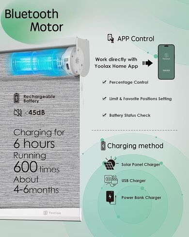التحكم في تطبيق الستائر الآلية Yoolax، ظلال آلية لتصفية الضوء للنوافذ، ظلال دوارة أوتوماتيكية لاسلكية لغرفة النوم وغرفة المعيشة والمكتب (رمادي جاكار مرشح للضوء، 34 بوصة عرض × 72 بوصة ارتفاع) in Kuwait