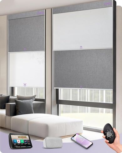 Graywind Motorized Dual Shades for Windows Smart Double Blinds Blackout and Sheer Motorized Blinds with Remote Alexa Google Control Day Night Shades, Custom Size (Blackout Linen Beige) in Kuwait