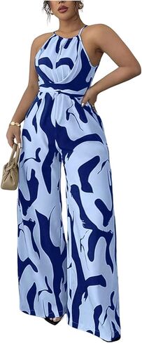 Floerns Women's Plus Size Twist Bow Tie Back Sleeveless Halter Jumpsuit Wide Leg One Piece Outfit in Saudi Arabia