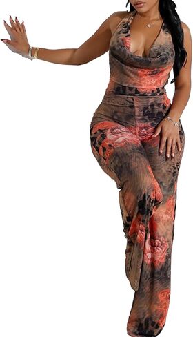 Mandonce Date Night Rompers Cheetah One Piece Jumpsuit Sleeveless Hanging Neck Sexy Halter Top Wide Leg Pants Trendy Clubwear in Kuwait