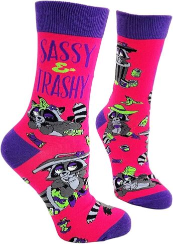 Fabdaz Women's Novelty Crew Socks, Pink and Purple, Cotton Blend, One Size, Sassy and Trashy Theme, Funny Raccoon Design in Saudi Arabia