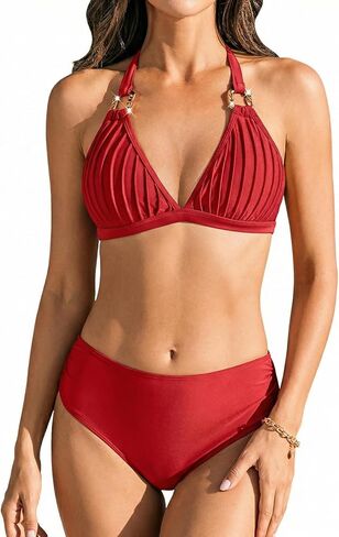 CUPSHE Women's Bikini Sets Two Piece Swimsuit Halter Tie Bathing Suit Mid Rise V Neck Ruching Adjustable Straps in Saudi Arabia