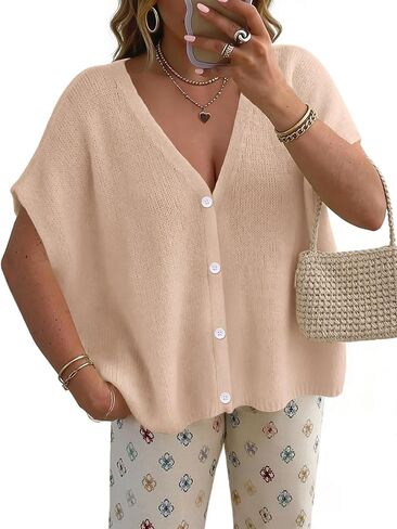 سترة نسائية كبيرة الحجم بأكمام قصيرة وخفيفة الوزن وزر على شكل حرف V كاجوال منسوجة وأغطية للشاطئ in Kuwait