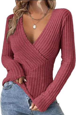 Womens Deep V Neck Top Sexy Wrap Sweater Long Sleeve Slim-fitted Knitted Jumper Tops in Saudi Arabia