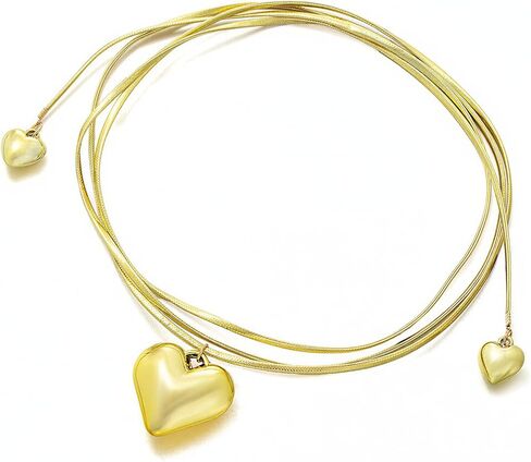 Chunky Heart Necklace for Women Adjustable Bow Layered Tie Wrap Necklace Trendy Gold Heart Pendant Neck-lace Prom Party Valentine Day Jewelry Accessories for Her in Saudi Arabia