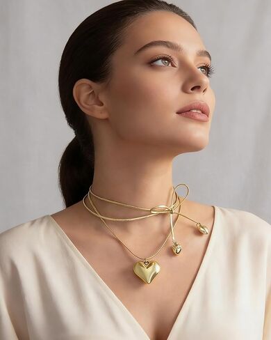Chunky Heart Necklace for Women Adjustable Bow Layered Tie Wrap Necklace Trendy Gold Heart Pendant Neck-lace Prom Party Valentine Day Jewelry Accessories for Her in Saudi Arabia