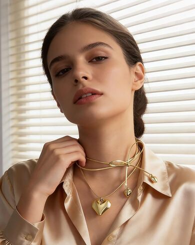 Chunky Heart Necklace for Women Adjustable Bow Layered Tie Wrap Necklace Trendy Gold Heart Pendant Neck-lace Prom Party Valentine Day Jewelry Accessories for Her in Saudi Arabia