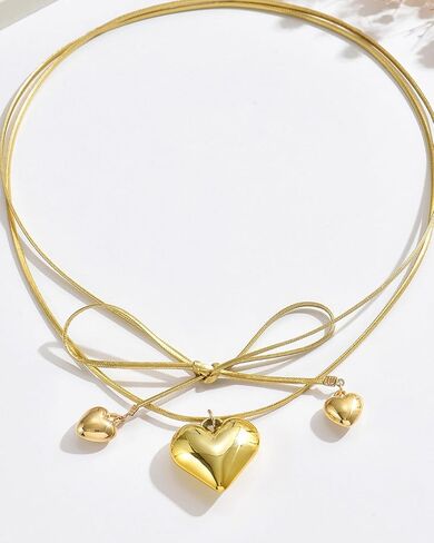 Chunky Heart Necklace for Women Adjustable Bow Layered Tie Wrap Necklace Trendy Gold Heart Pendant Neck-lace Prom Party Valentine Day Jewelry Accessories for Her in Saudi Arabia