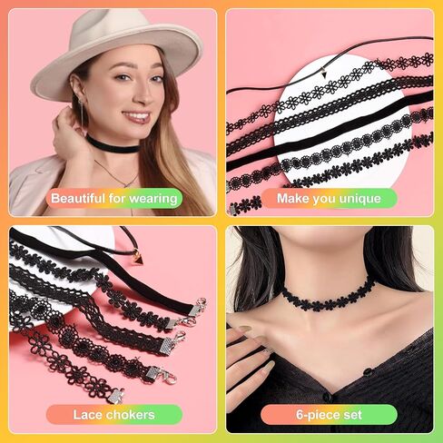 ZukoCert 6 PCS Black Lace Choker Set for Women, Gothic Velvet Neck Choker, Sexy Goth Cross Necklace, Aesthetic Gift for Party in Kuwait