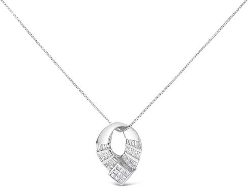 14k White Gold 1 5/8 Cttw Invisible Set Princess and Channel Set Baguette Diamond Curved Oval Shape Pendant Necklace (G-H Color, VS2-SI1 Clarity) in Kuwait