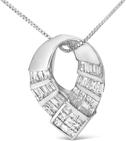 14k White Gold 1 5/8 Cttw Invisible Set Princess and Channel Set Baguette Diamond Curved Oval Shape Pendant Necklace (G-H Color, VS2-SI1 Clarity) in Kuwait