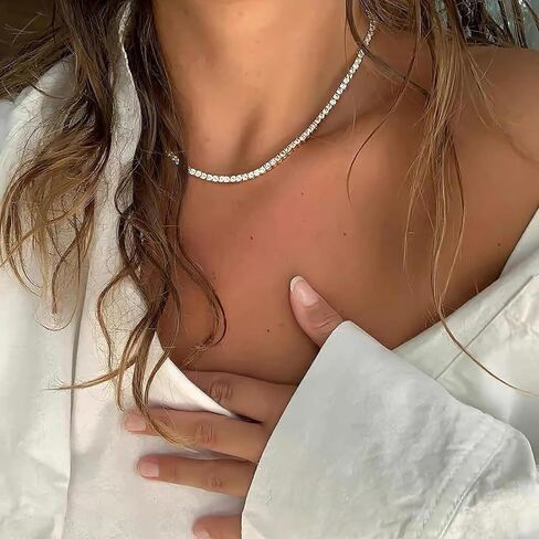 Tennis Necklaces for Women Silver Rhinestone Choker Zirconia Diamond Tennis Chain Classic Dainty Simulated Diamond 3MM in Saudi Arabia