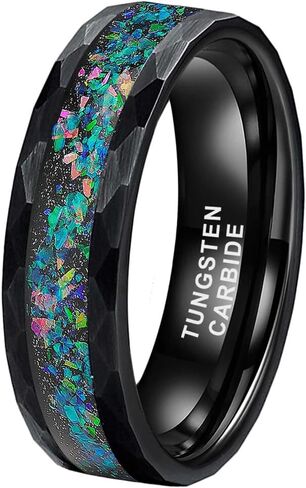 6mm 8mm Silver/Black Hammered Tungsten Rings for Men Women Couple Genuine Galaxy Opal Inlay Fashion Jewelry Engagement Wedding Bands Matte Finish Comfort Fit in Kuwait