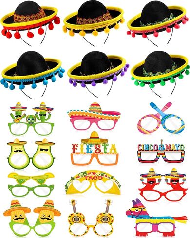 Janinka 18 Pcs Fiesta Party Supplies Sombrero Headbands Paper Eyeglasses, Cinco De Mayo Mexican Party Decorations in Kuwait